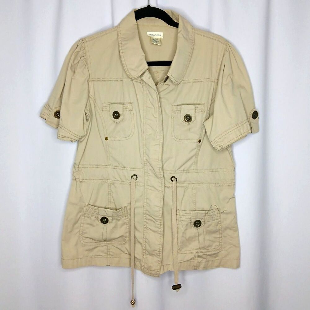 Maurices Utility Safari Jacket Short Slve Pockets Drawstring Khaki Womens Large